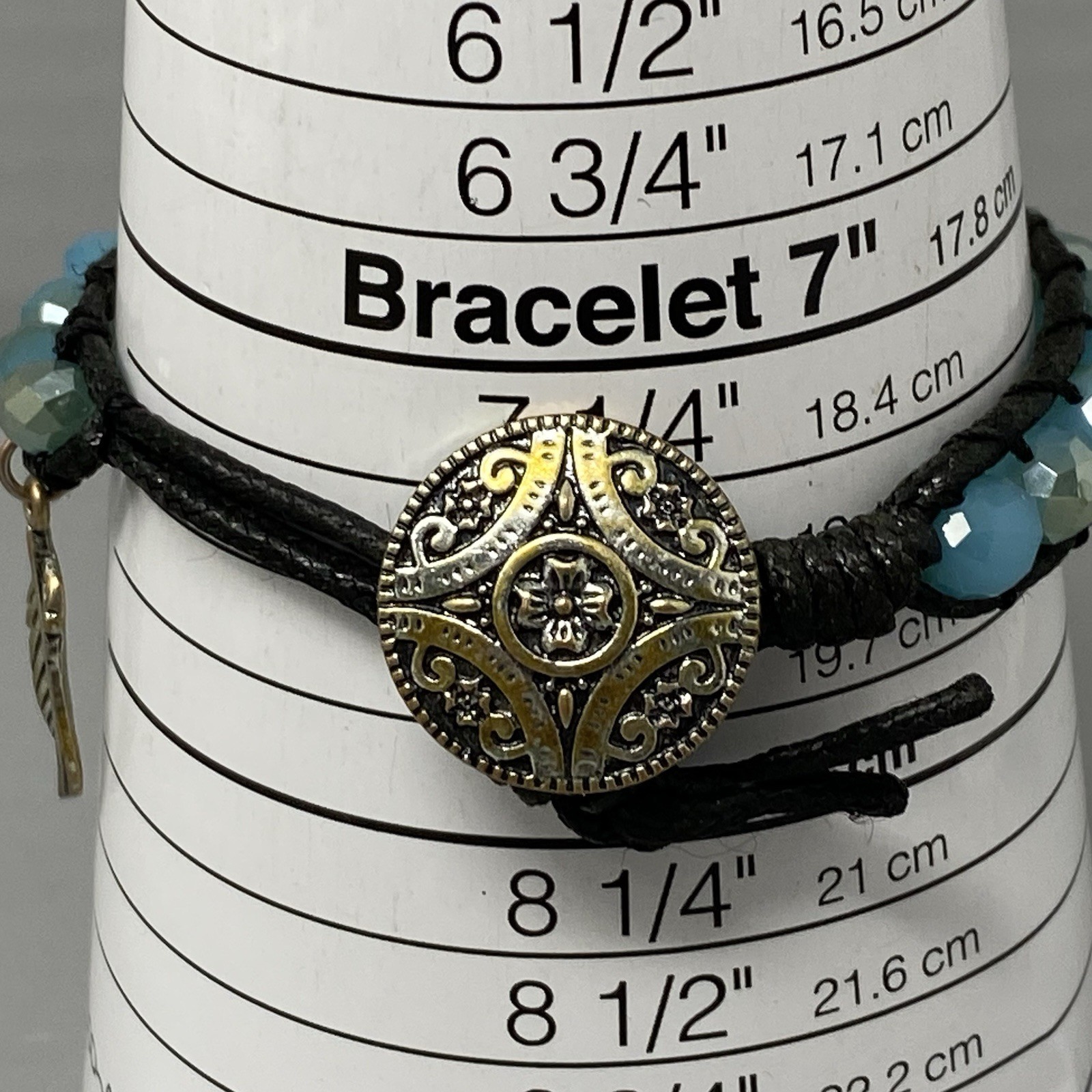 Glass Bead Bracelet Faux Leather Cord Blue Surface Coated Western Button Feather