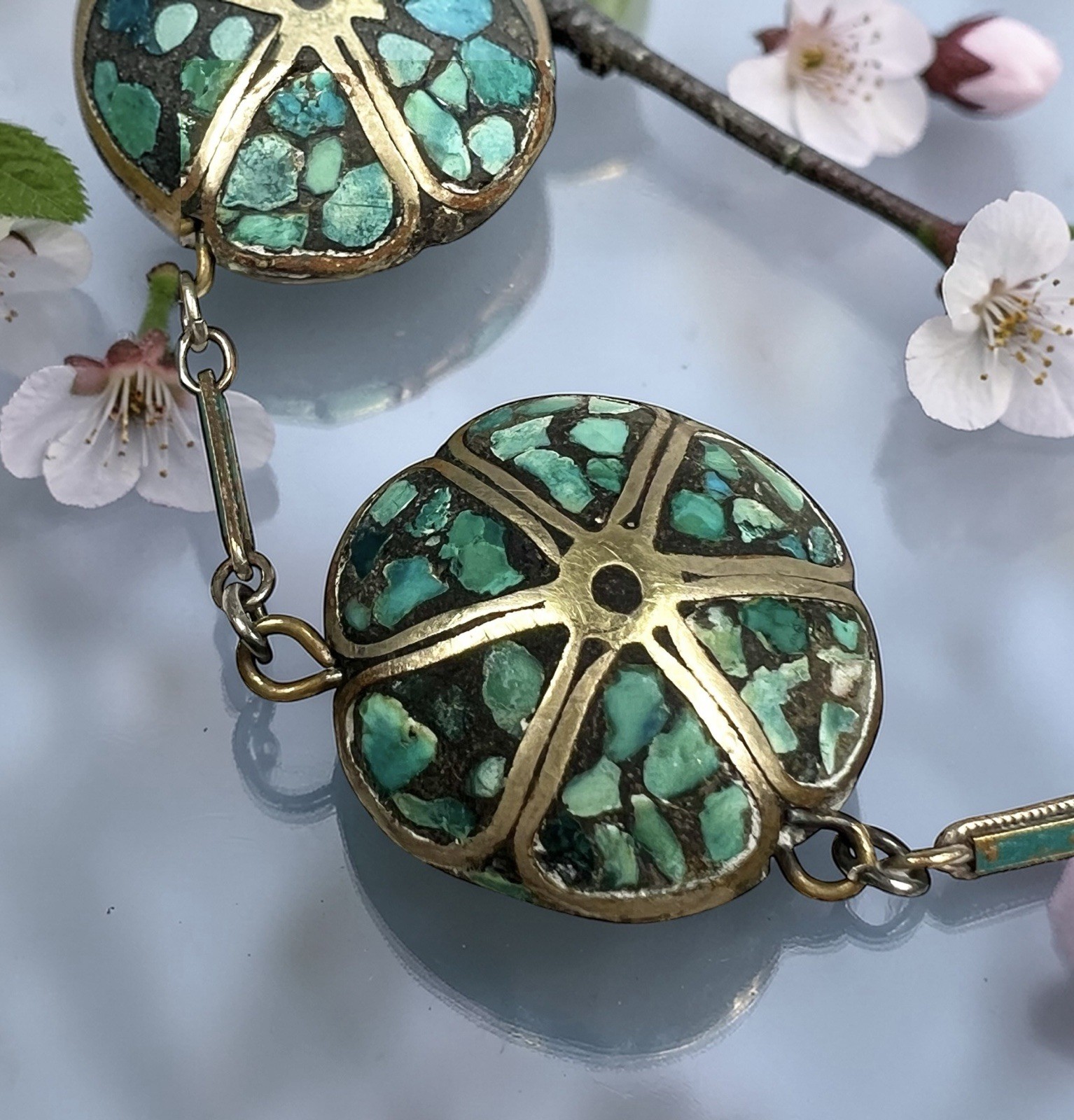 Kashmiri Tibetan Turquoise Chip Mosaic Inlay Necklace Flower Medallions 18” Atq