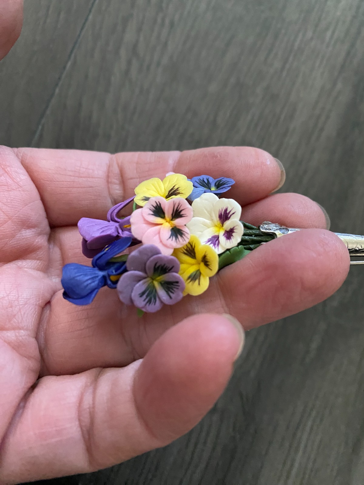 Vintage Celluloid/Hard Plastic Pansy & Iris Bouquet in Vase Flower Brooch Pin