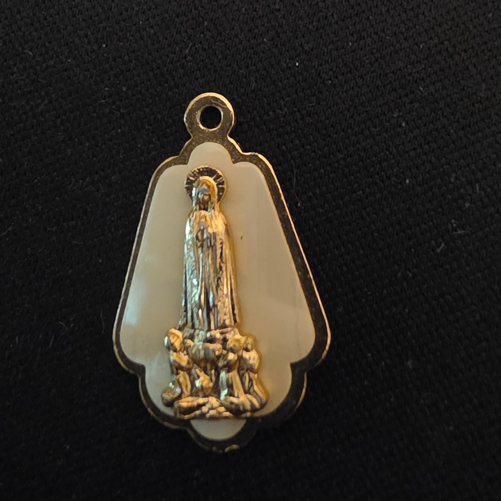 Vintage Mother of Pearl Our Lady of Fatima Medal Pendant Gold Tone Italy 1950s