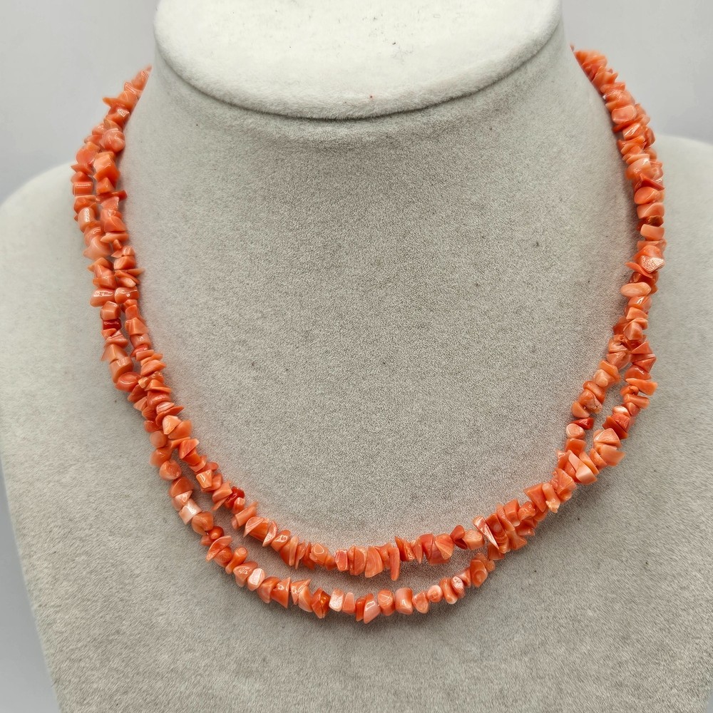 VINTAGE Orange Coral Chip Long 30″ Strand Necklace Fish Hook Clasp