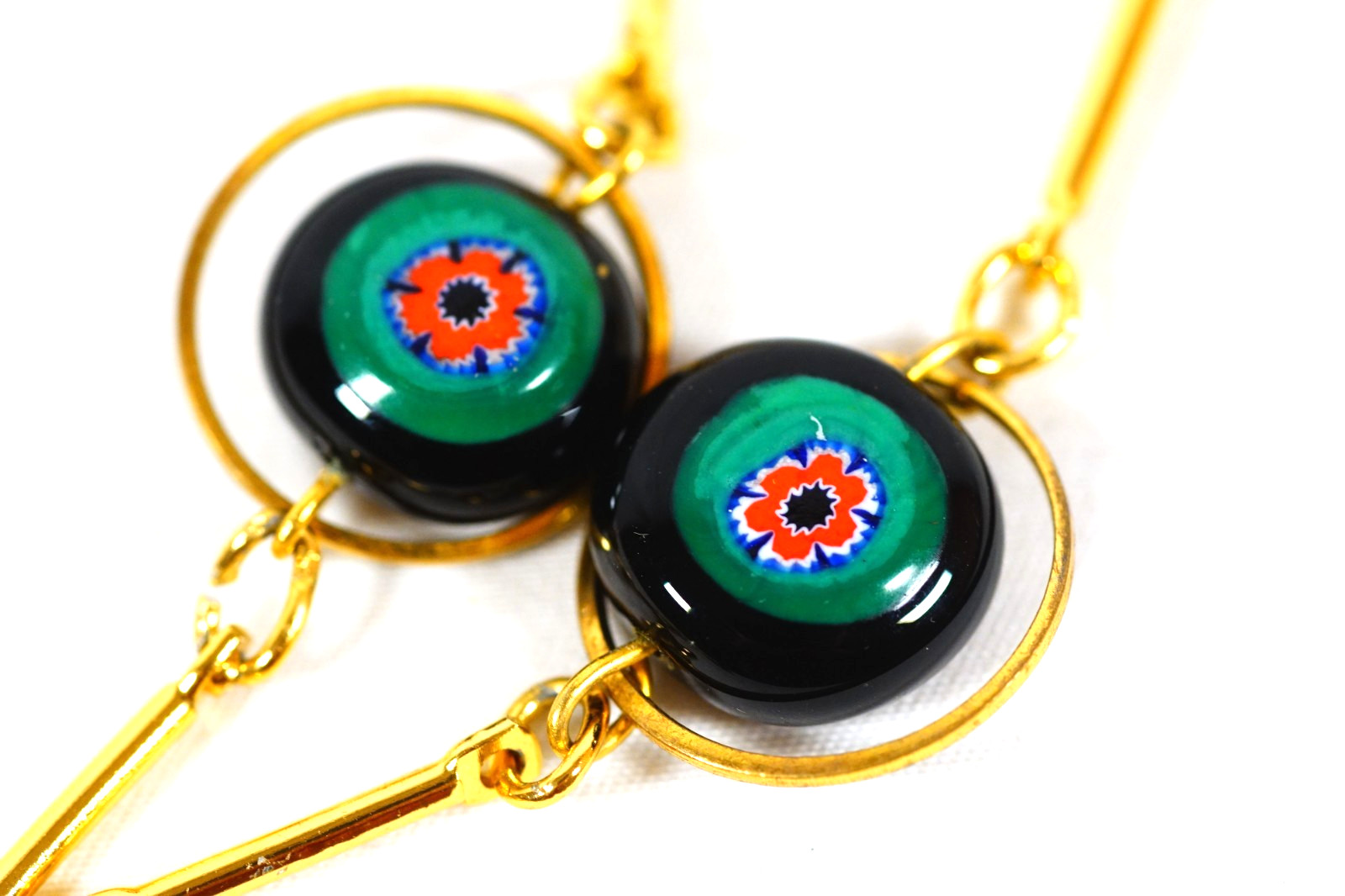 Venetian Glass Millefiori Discs Station Necklace Unique Bar Link 28″ Art Glass