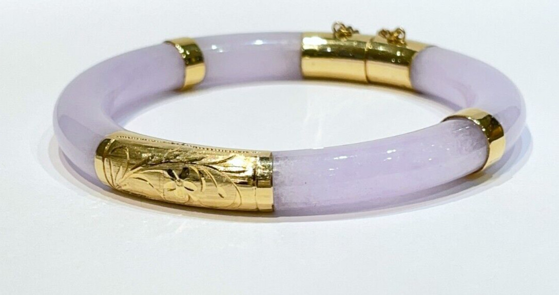 Vintage Lavender Jade Hinged 14k Yellow Gold Bangle Bracelet 8.4 mm 7″ inch