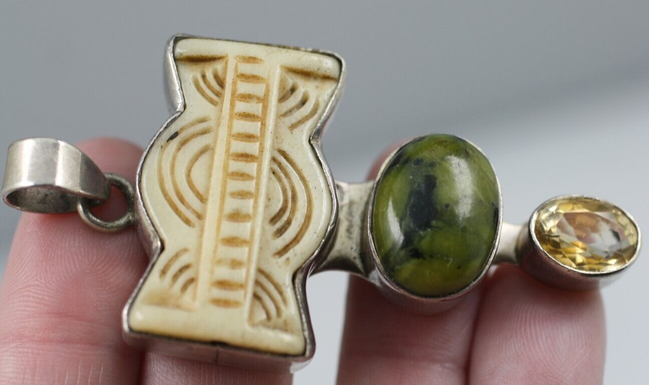 Sterling Silver 925 multi colored green marbled cabochon Pendant-Artisan