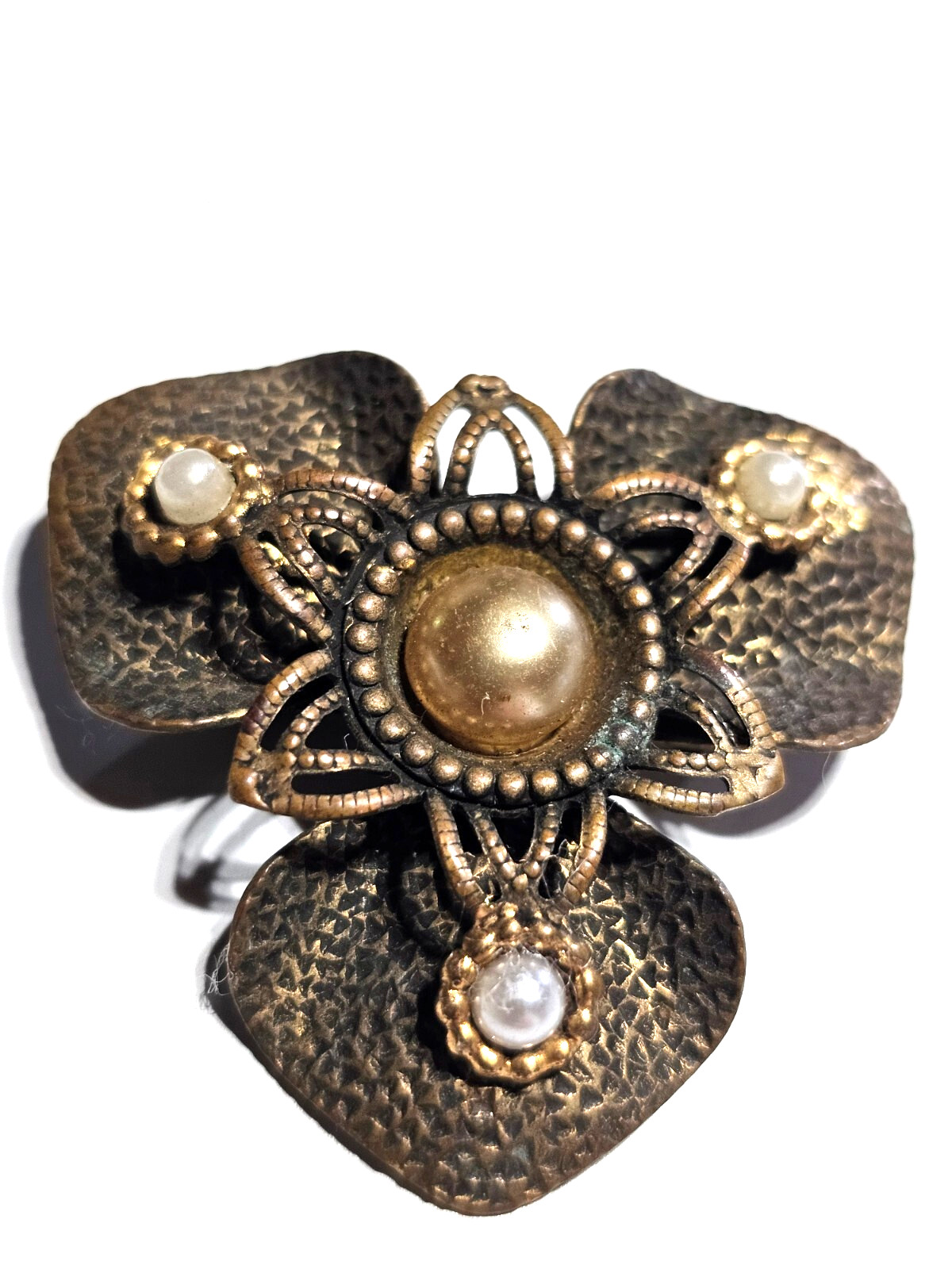 1930’s-1950’s Flower Brooch / Dress Clip Hammered Bronz/Brass With 4 Faux Pearls