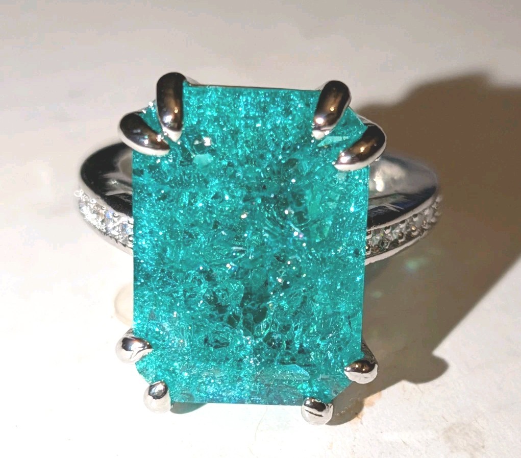 Shiny 10 CT Emerald Cut Lab-Created Paraiba Tourmaline Ring 925 Sterling Silver