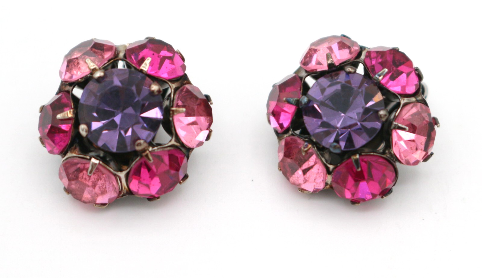 Lovely Vintage Pink & Purple Rhinestone Flower Shape Gunmetal Clip On Earrings