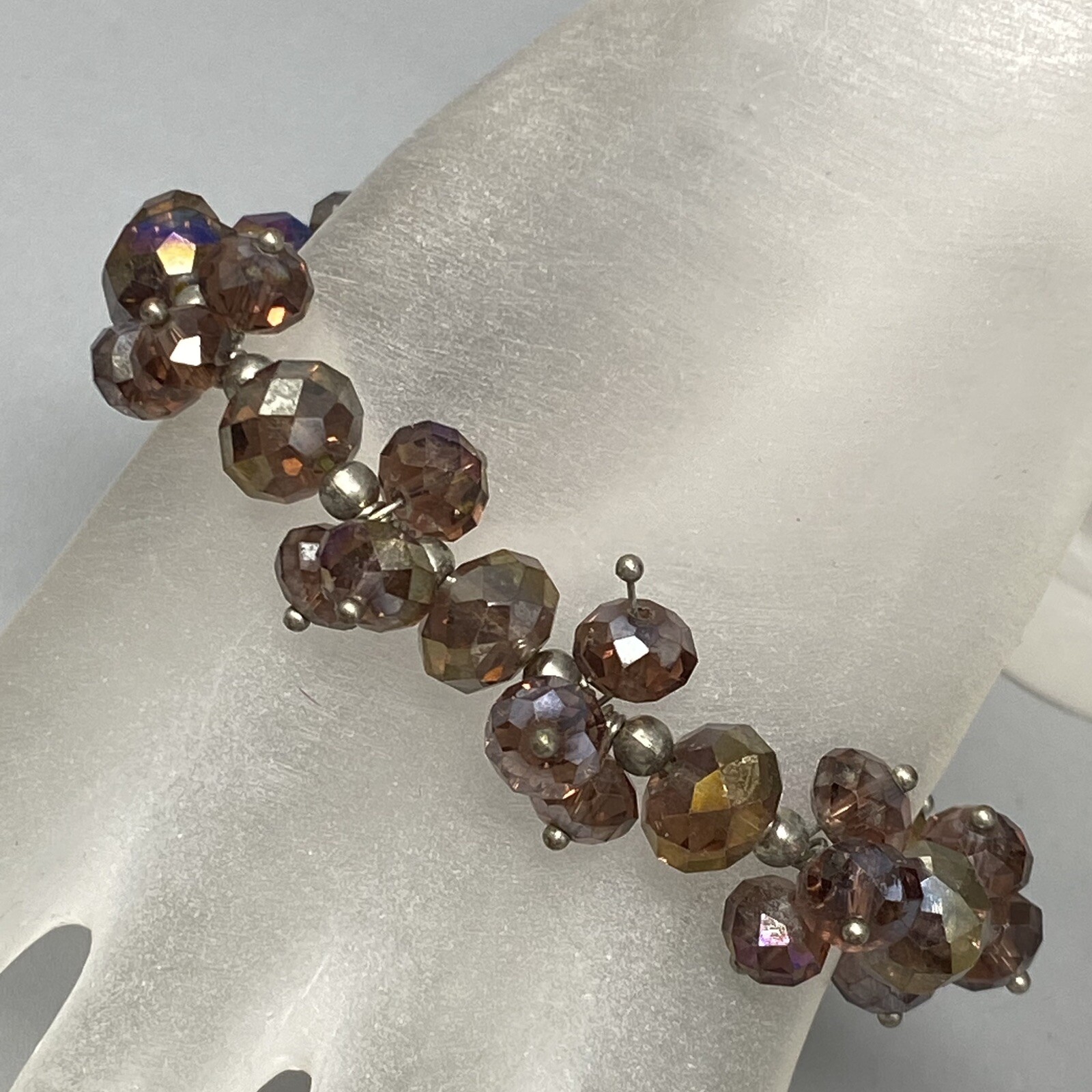 Stretch Bead Bracelet Purple Faceted Glass Cluster Fire Polished Iridescent 7.5″