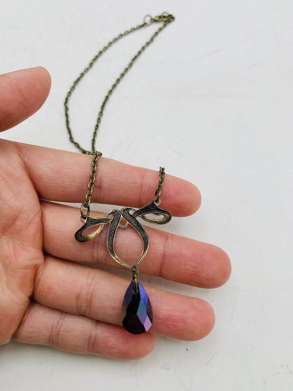 Vintage Style Art Nouveau Bronze Tone Rainbow Teardrop Bead 18 in Necklace