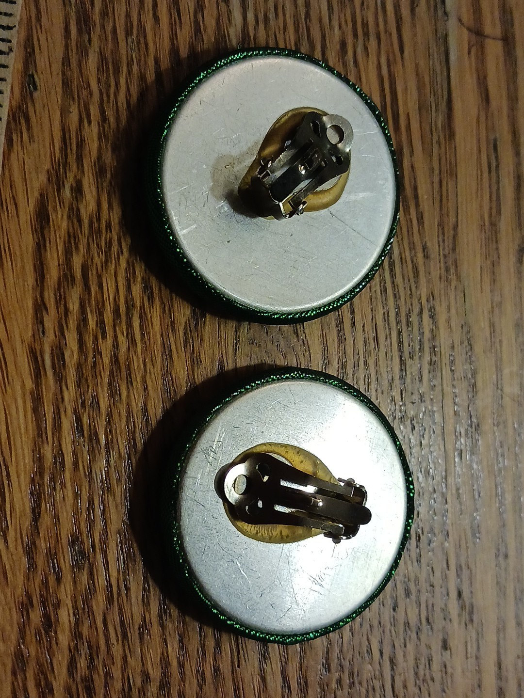 Vintage 4 Pr. Clip Back Earrings-1950s, 1980s. Round. Black, Green, Blue, White