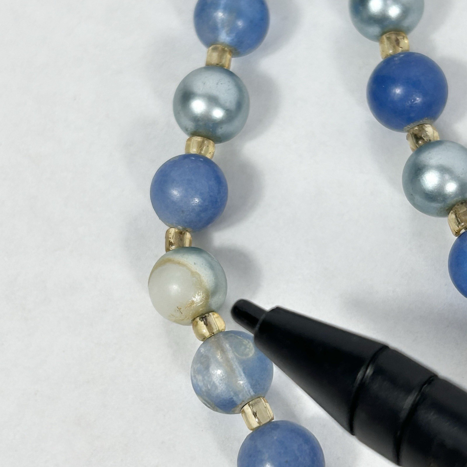 Vintage JAPAN Double Strand Blue Bead Necklace 17.5” Faux Pearl Acrylic Glass