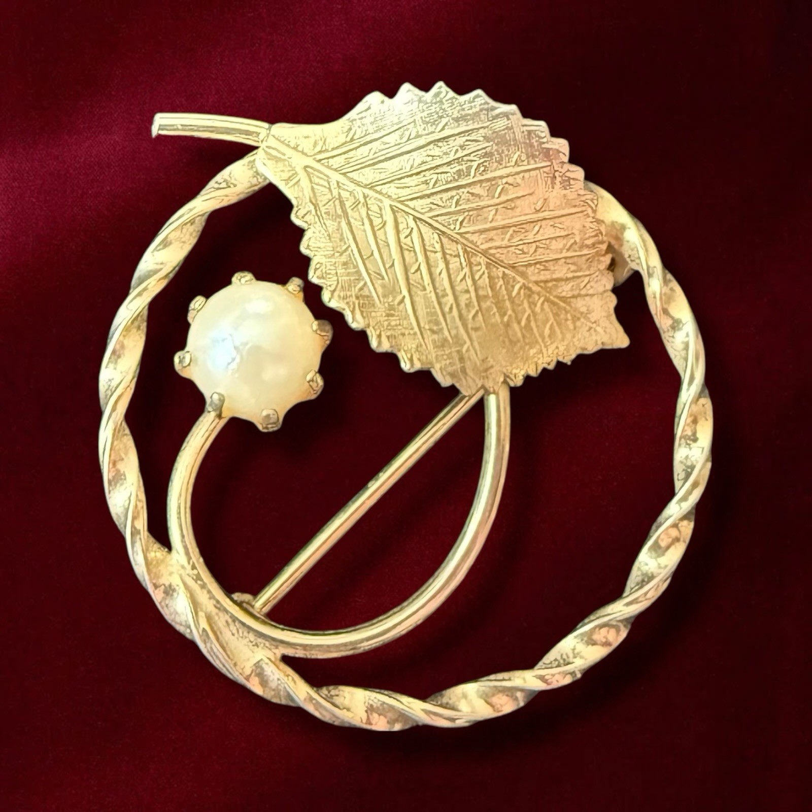 Gold Filled Leaf Brooch Cultured Pearl Pin Mid Century 1950s 12K GF Signed AC