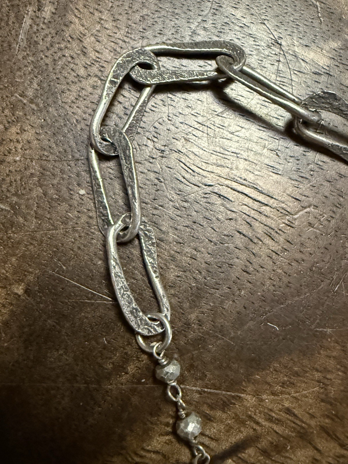 Vintage Silver Rosary Necklace with Long Flat Links and Metal Beads, Reversible