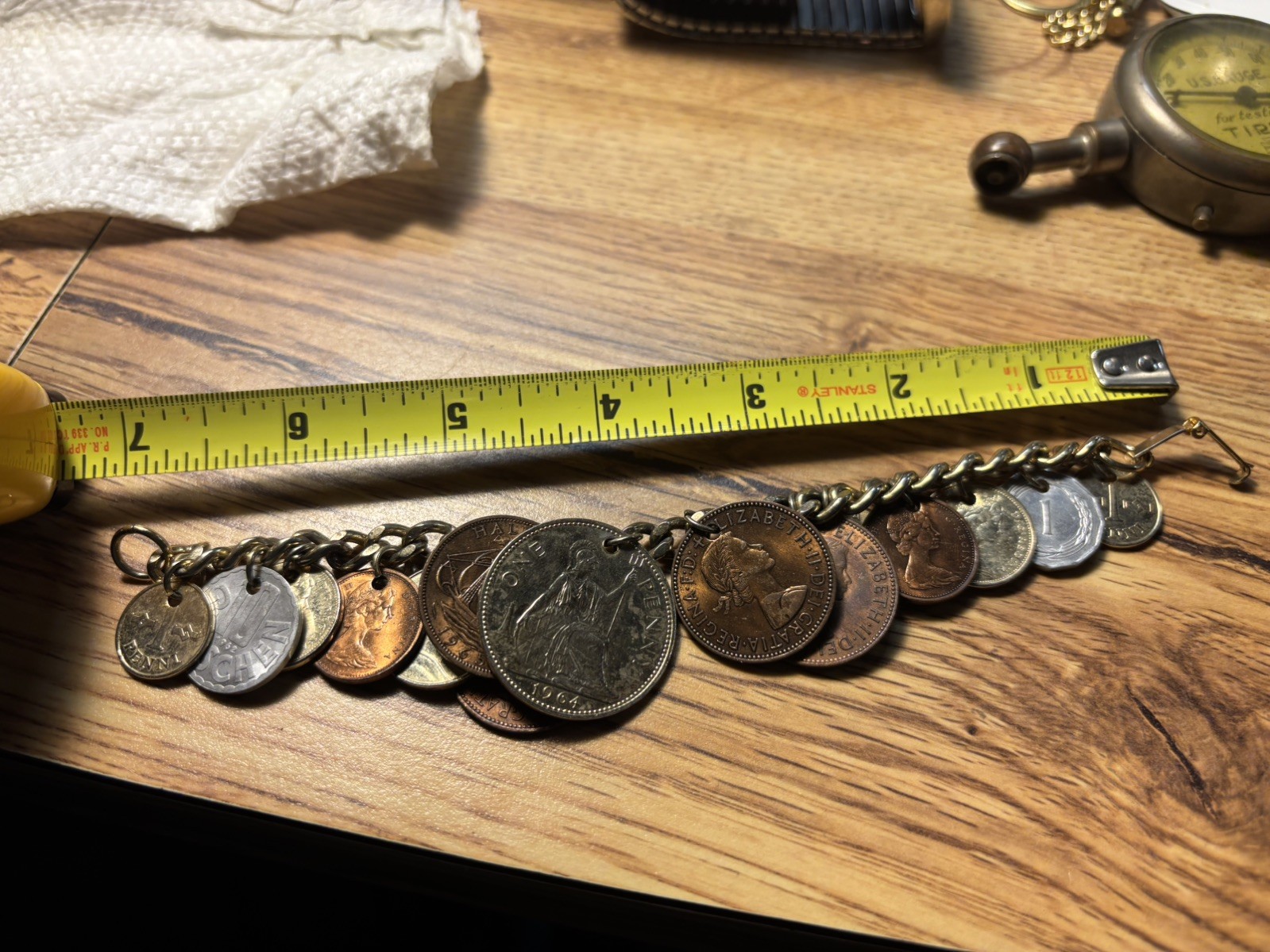 Vintage 15 xx World Coin Charm Bracelet – Mixed Foreign Coins on Gold Tone Chain