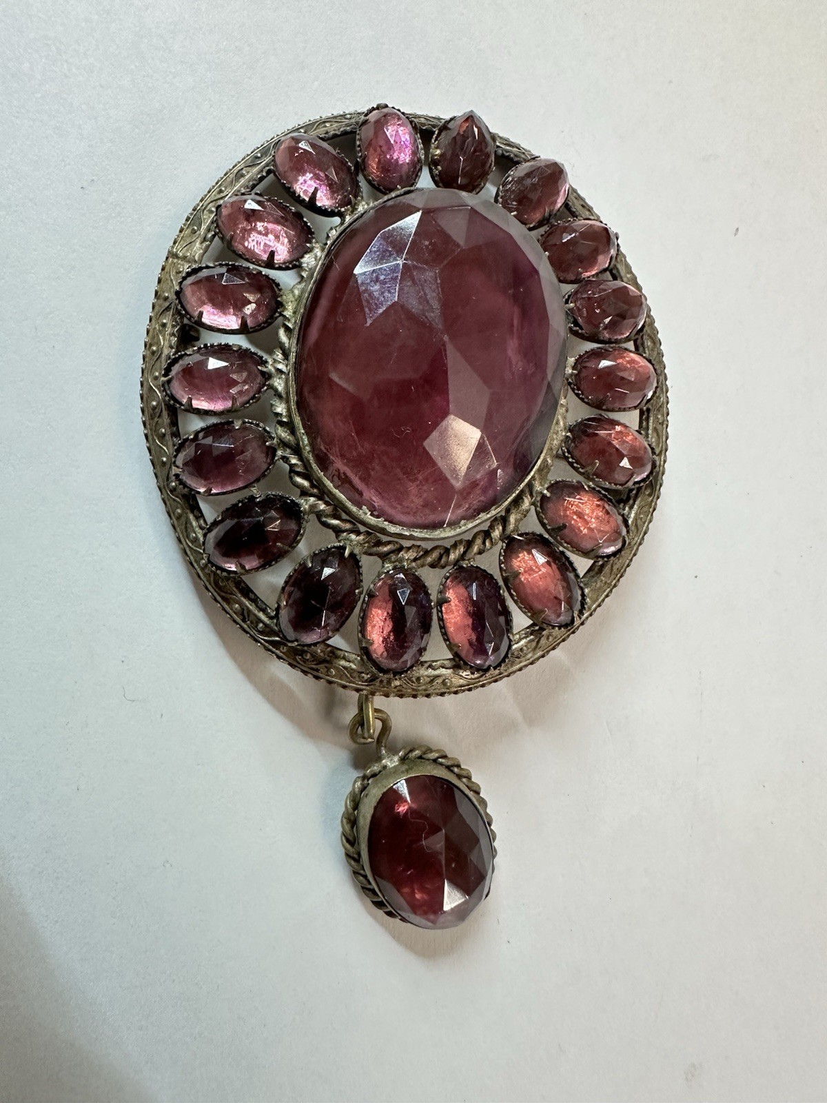 Antique Garnet Dangle Brooch – Purple Pink Cluster – Very Rare – Not Signed –