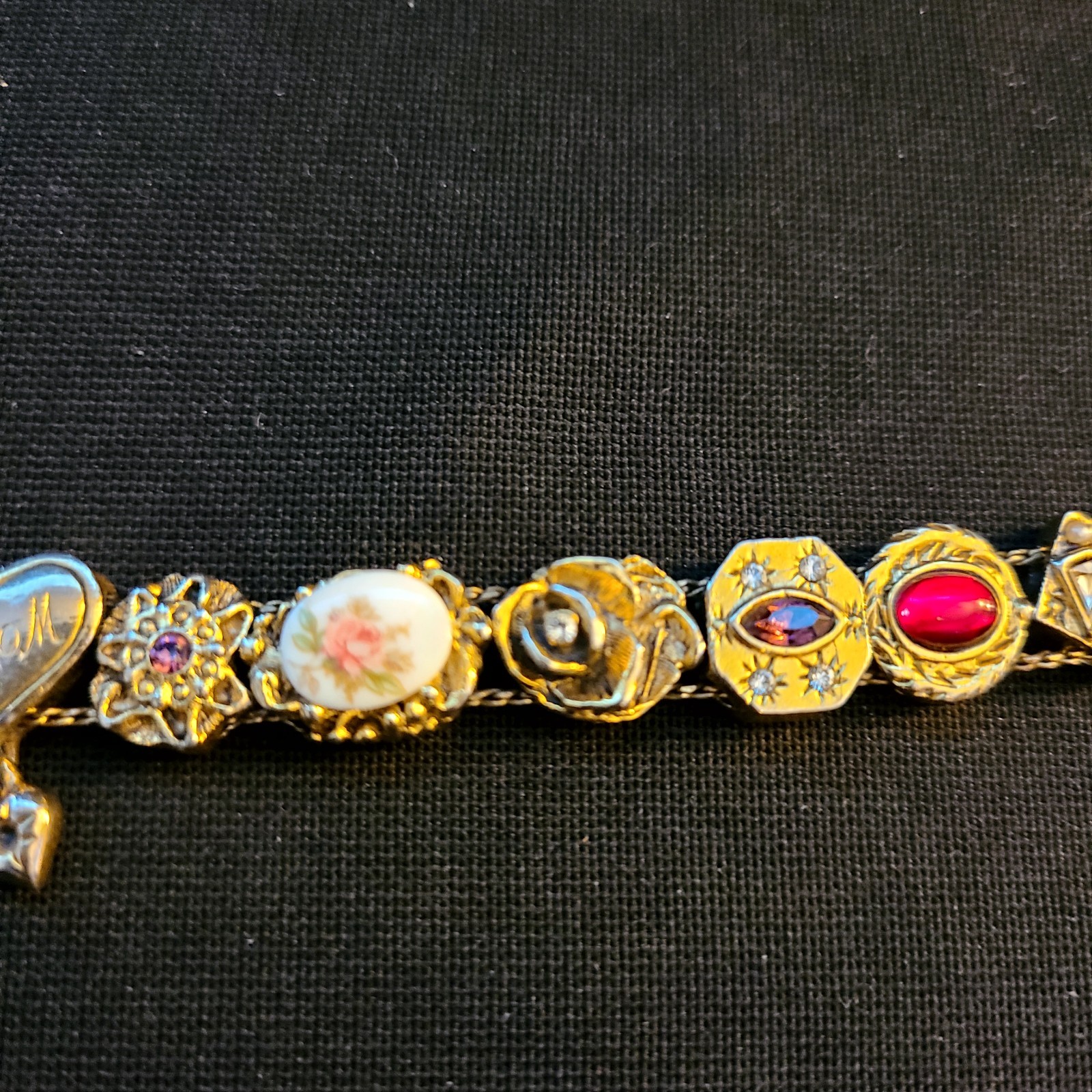 Vintage Victorian Gold Tone Slide Bracelet (14) Charms Mom Cameo Butterfly Heart