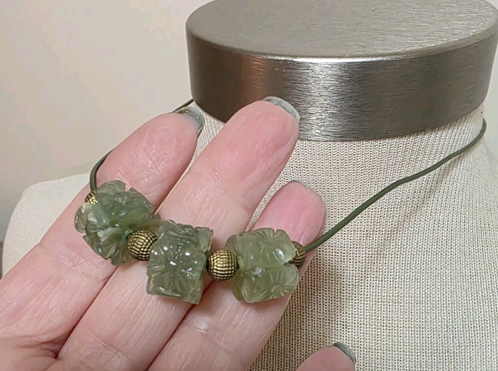 Hand Crafted Jade Carved Flower Bead Necklace On Leather Cord 18″