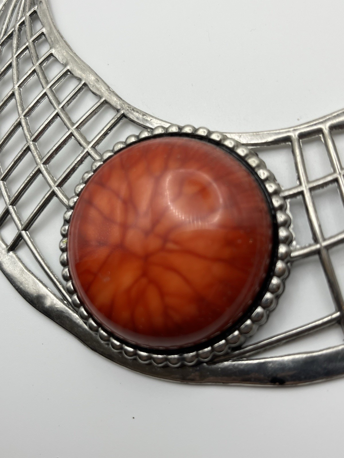 Brutalist Necklace Art Nouveau Inspired Hammered Lattice Bib Swirl Cabochon MCM