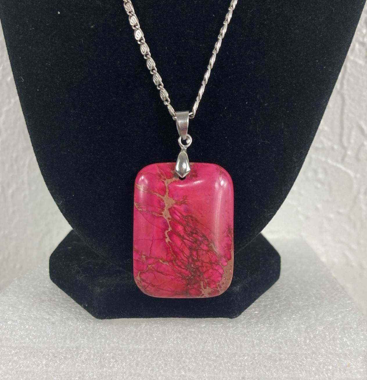 Polished Pink Stone Pendant 2.5″ Rounded Rectangle 19″ Silvertone Chain Necklace