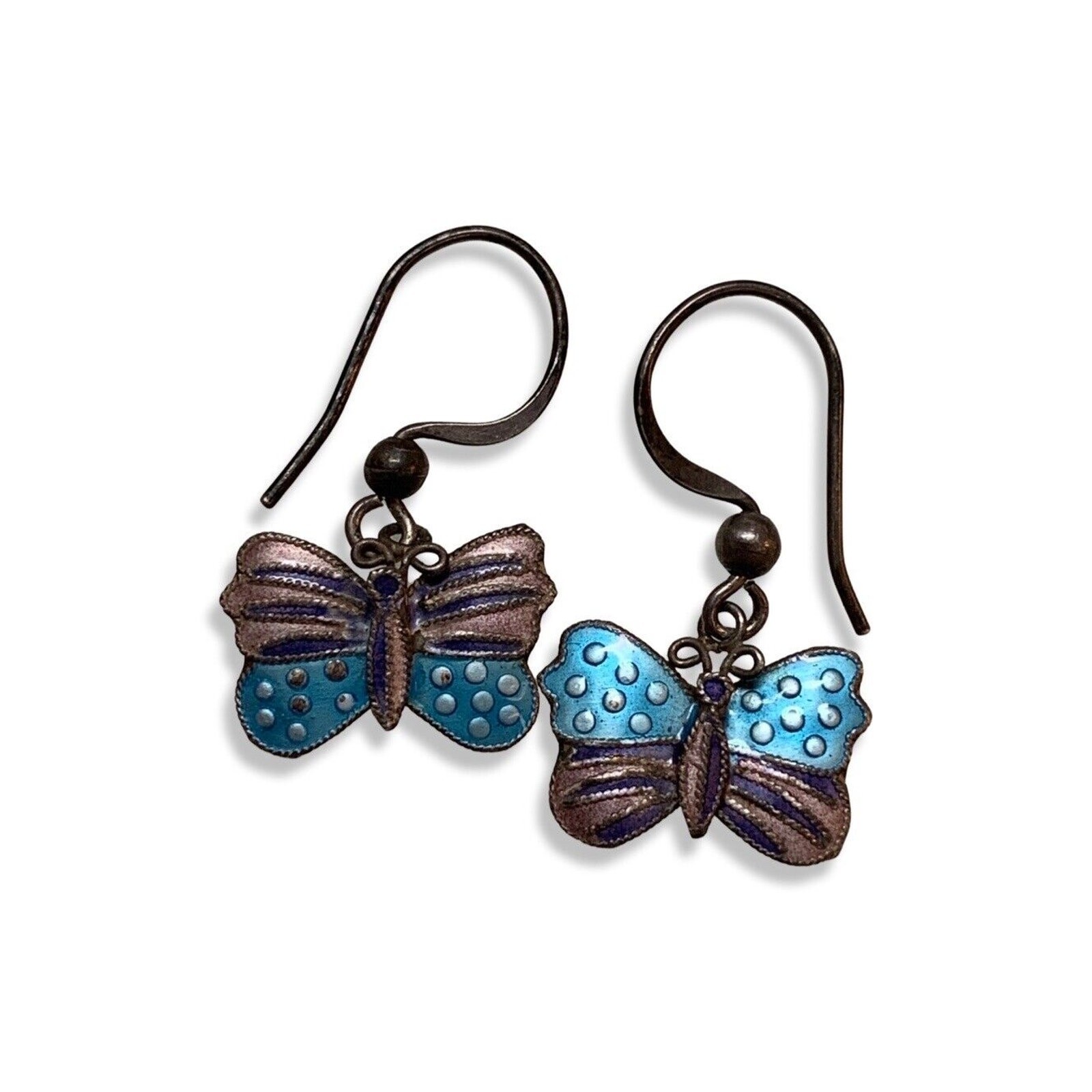 Earrings Vintage Butterfly 925 Sterling Silver Enamel Purple Blue 1.5 inch drop