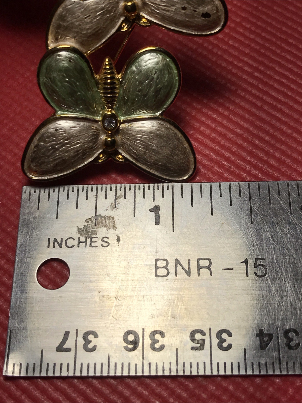Vintage Pink and Green Brushed Double Butterfly Brooch Pin Gold Tone