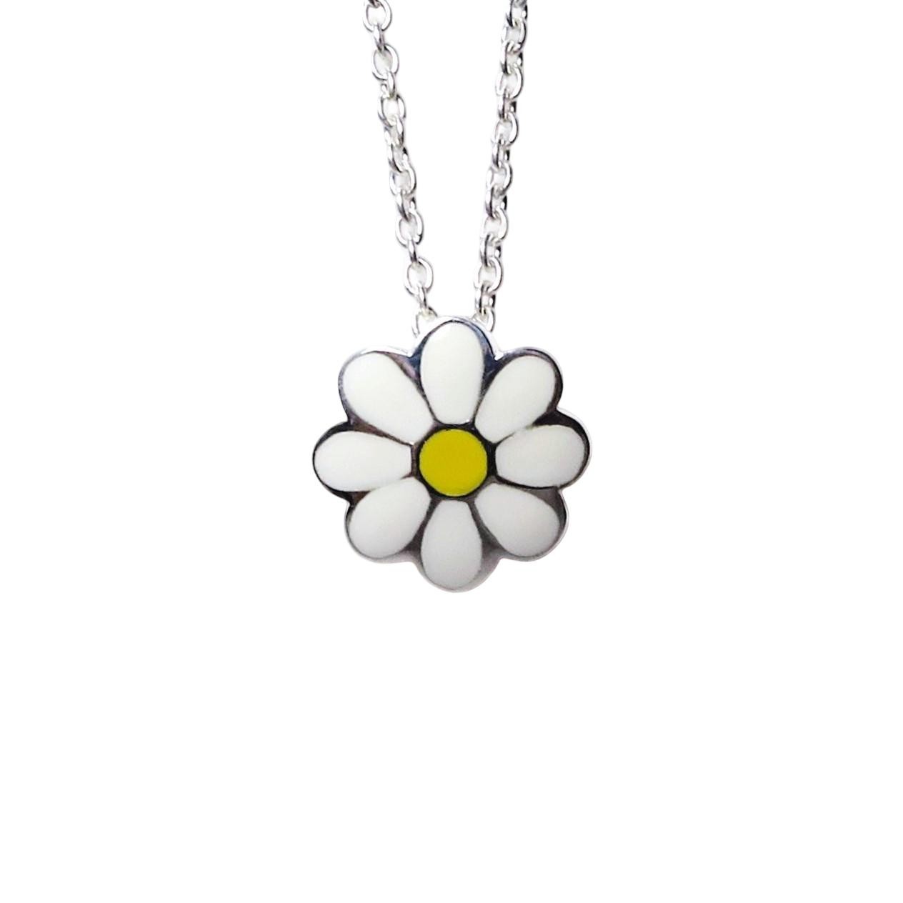 Vintage Kit Heath Sterling Silver Enamel Daisy Flower Pendant Kid’s 14″ Necklace