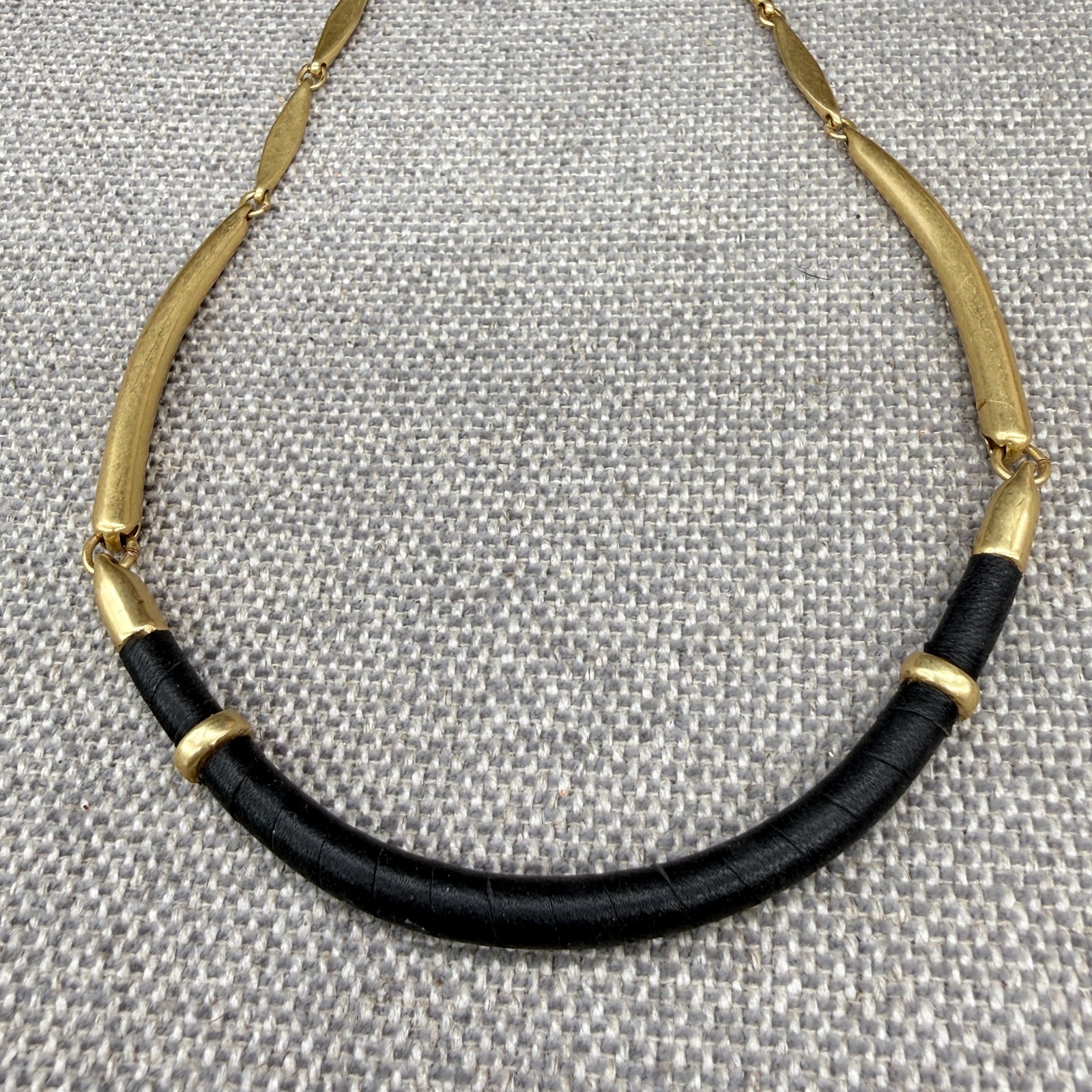 Vintage Stella Dot Necklace Black Wrapped Leather Brushed Gold Tone Signed