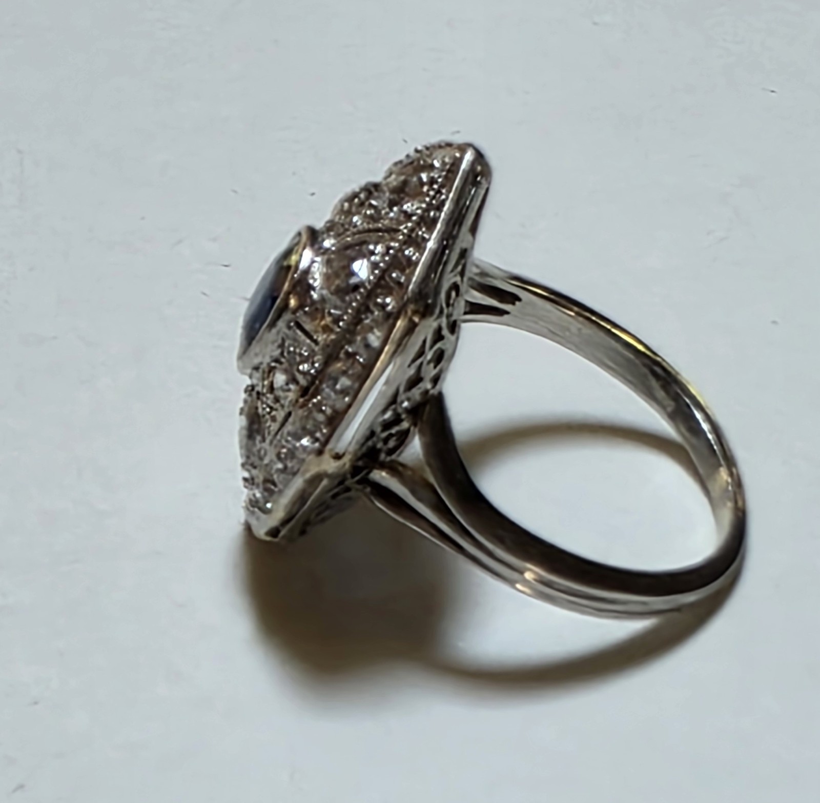 Antique Platinum Old European And Mine Cut Diamonds Blue Synthetic Sapphire Ring