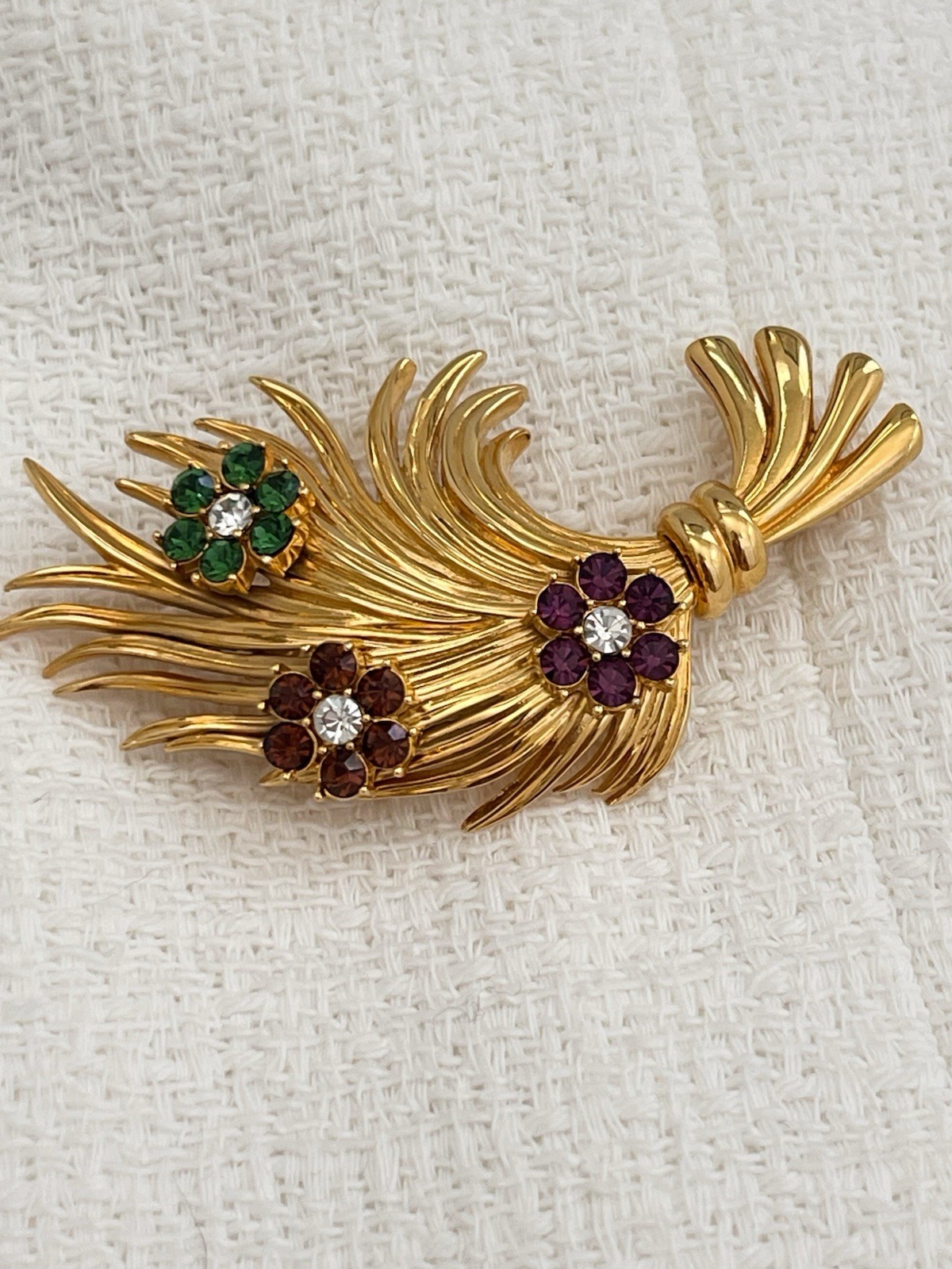 Vtg Signed Carolee Flower Bouquet Green Purple Brown Rhinestones Textured Brooch
