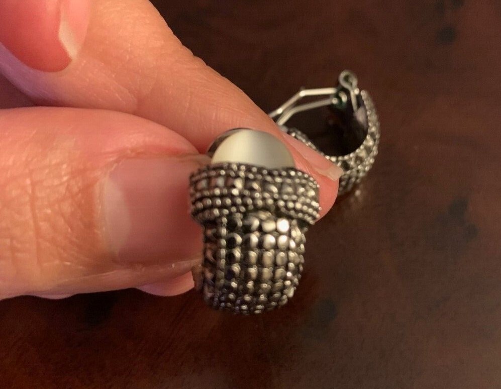 Vintage Silver Tone Cuff Bracelet and Earring Set with White Stone