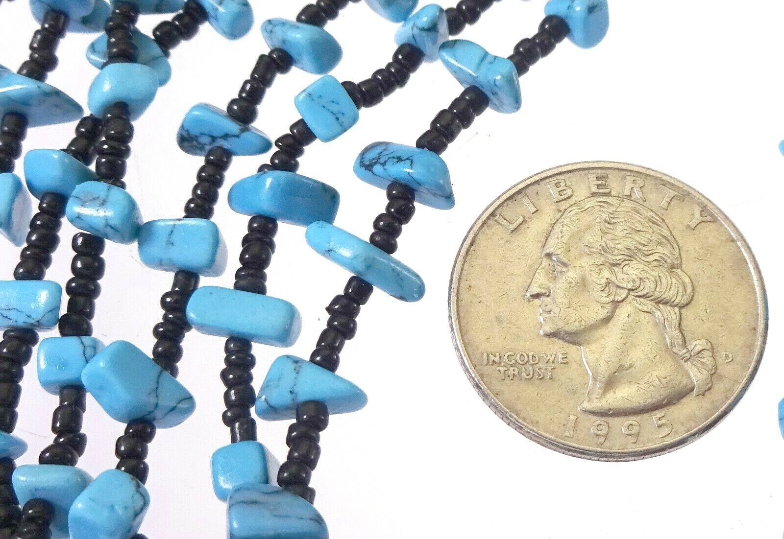 Vintage Multi Strand Turquoise & Black Glass Seed Bead Squaw Wrap Necklace