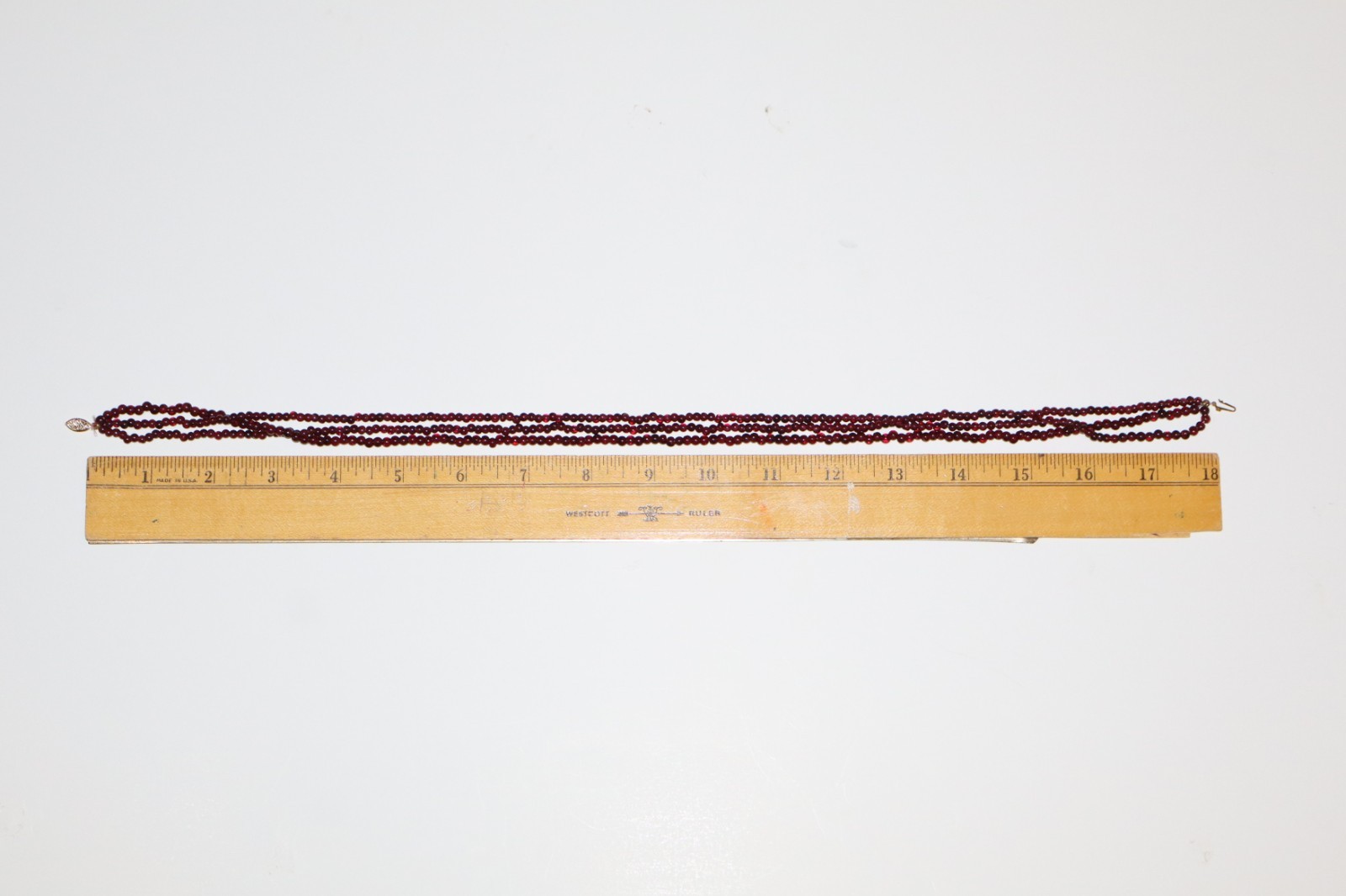 Vintage 3 Strand Garnet Beads 18″ Necklace 14KT YG Filigree Fish Hook Clasp