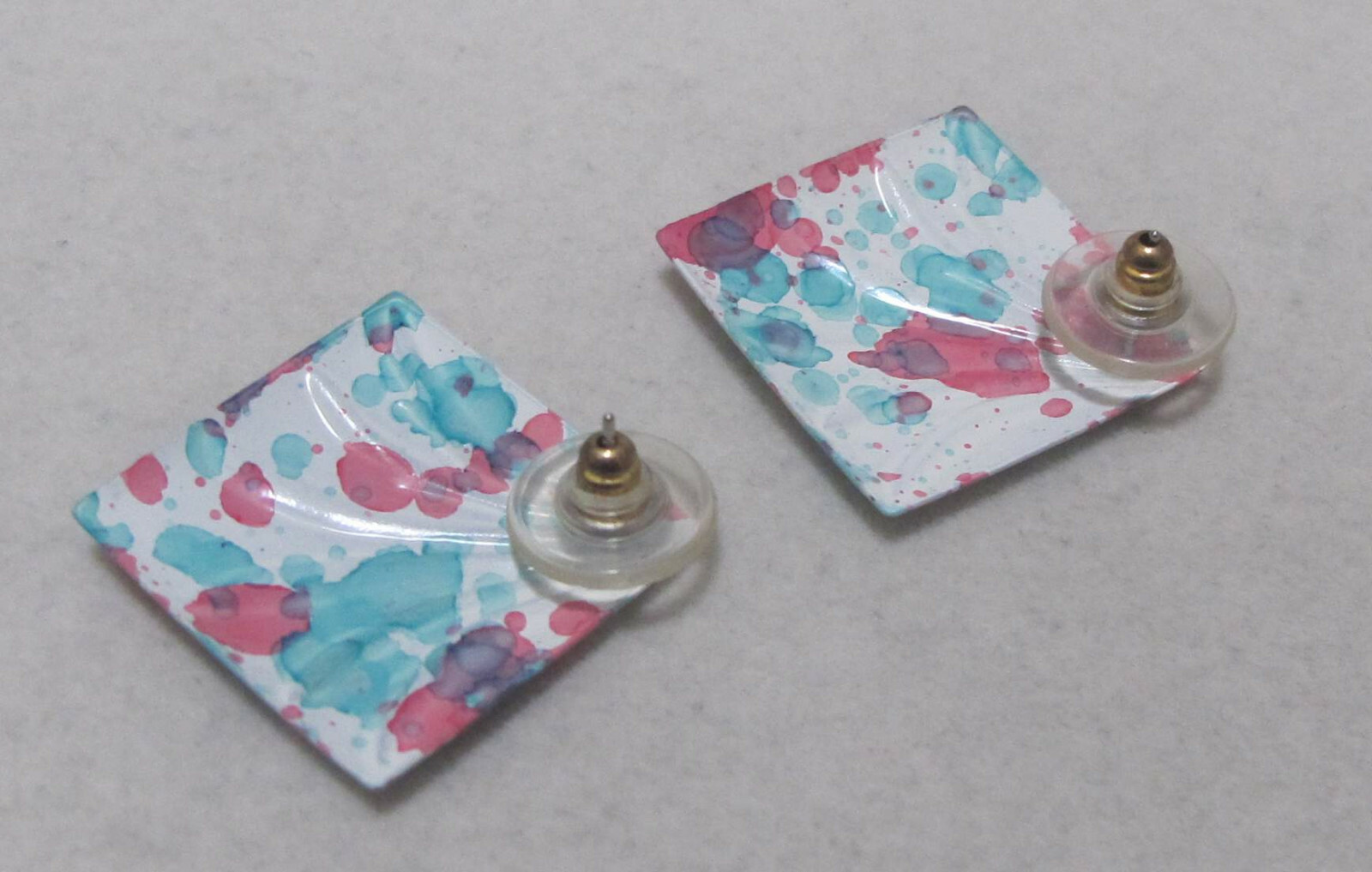 Fun! Vintage Pink Purple Aqua White Splatter Enamel Diamond-Shape Post Earrings