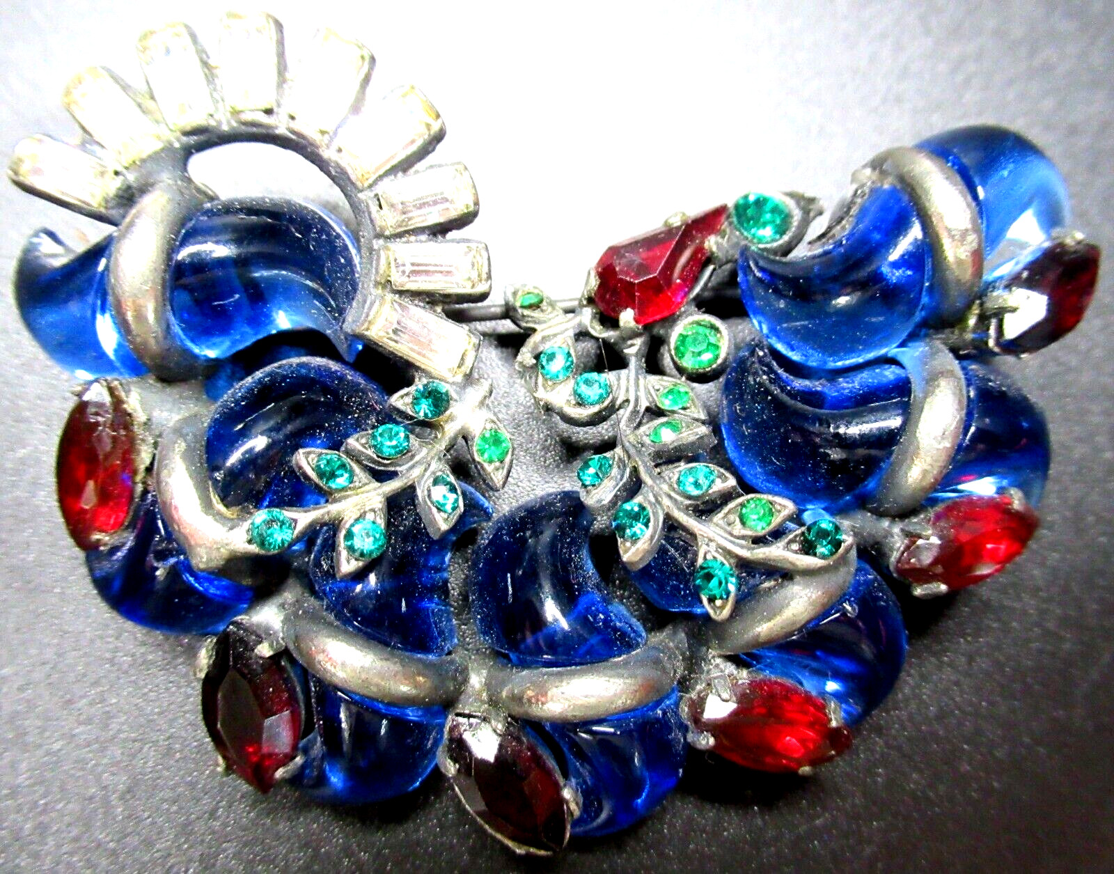 Amazing FRENCH Mogul Red Blue Green RARE S Shaped Vintage Pin Brooch