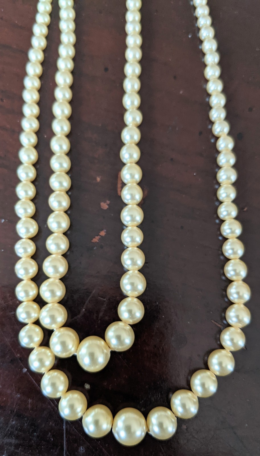Vintage 1940’s Hand Knotted Faux Pearl Double Stand Necklace Bow Clasp 16.5″