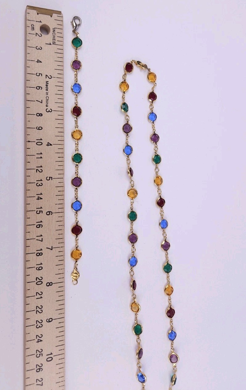 Vintage Austrian USA Colorful Crystal Goldtone Bezel Necklace Bracelet Set