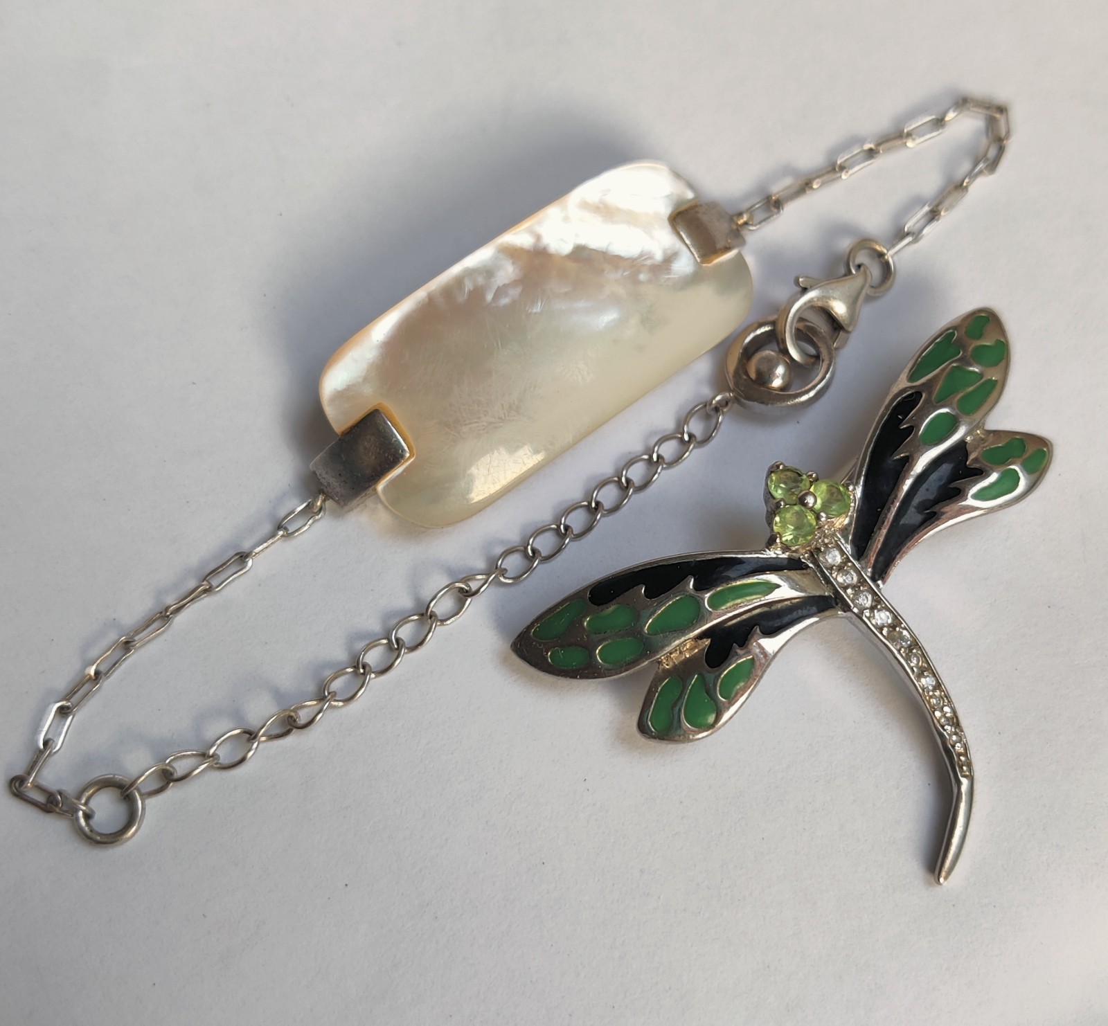 925 Sterling Silver Dragonfly Brooch & Mother of Pearl Bracelet | DBJ & Misaki