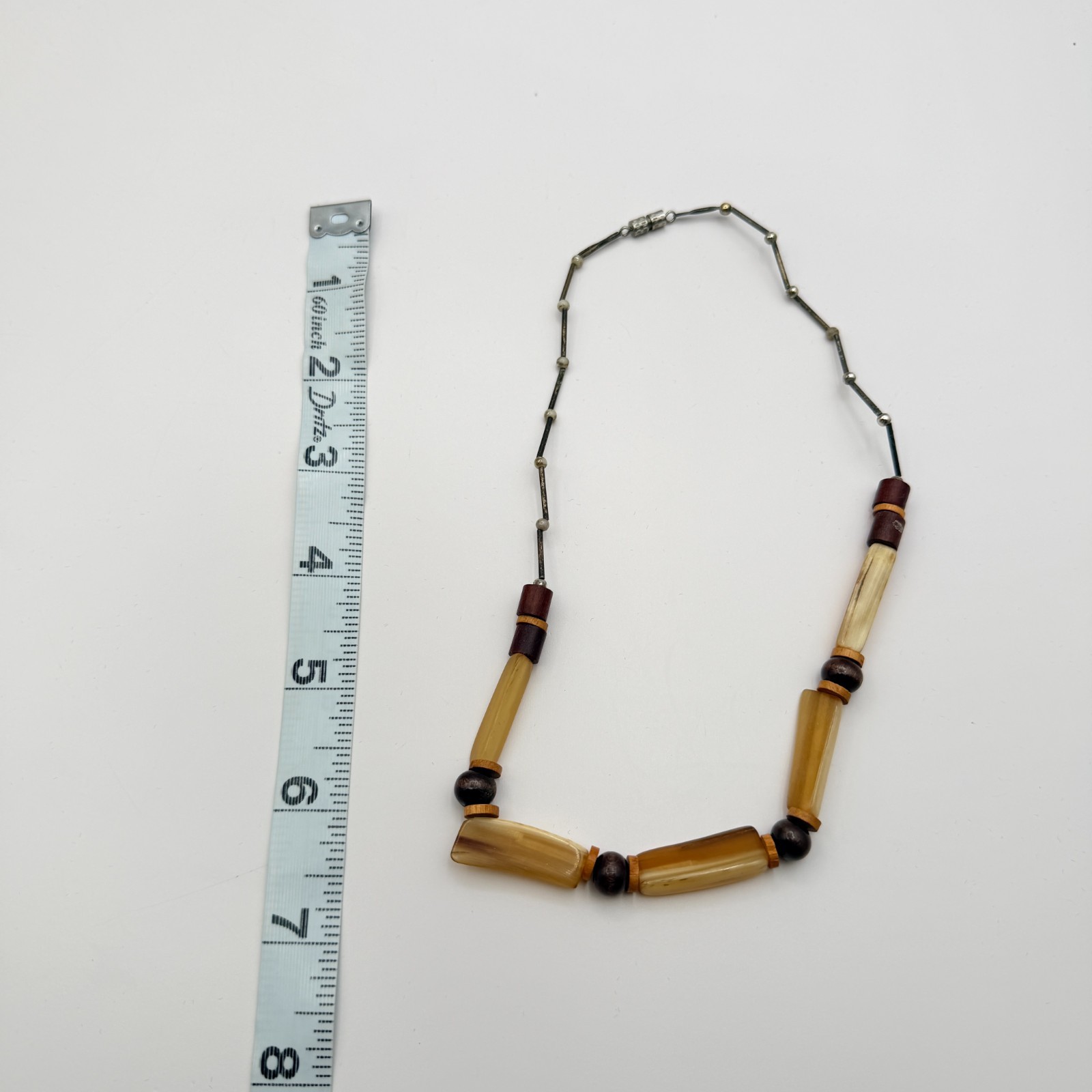 Vintage 90s Earthy Wood & Horn Bead Necklace Boho Ethnic Fashion Women’s Jewelry