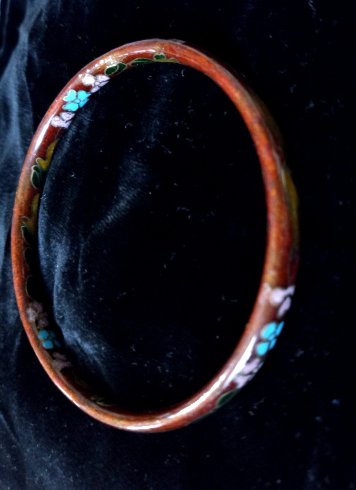 Vintage Chinese Redish Brown Gold Cloisonne Enameled Flower Bangle Bracelet