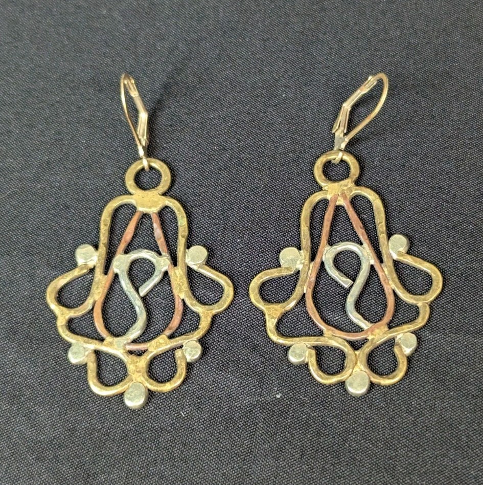Vintage Artisan Mixed Metal Hammered Copper Brass Open Work Dangle Earrings