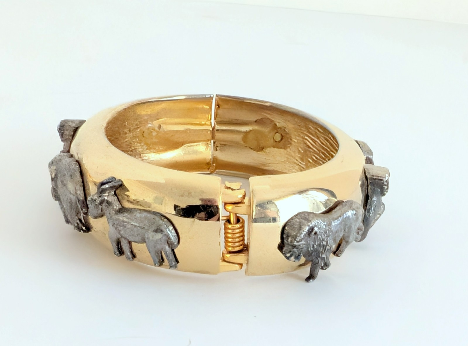 Vintage Gold & Silver Tone Animal Safari Statement Bracelet Monkey Elephant Rare