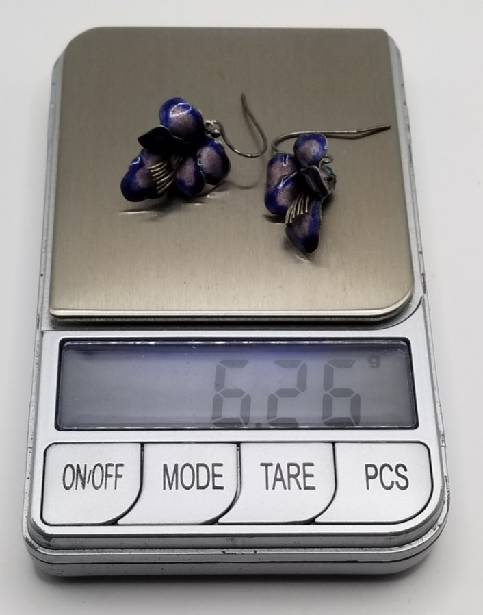 Vtg 925 Sterling Silver Purple & Blue Enameled 3D Pansy Flower Dangle Earrings