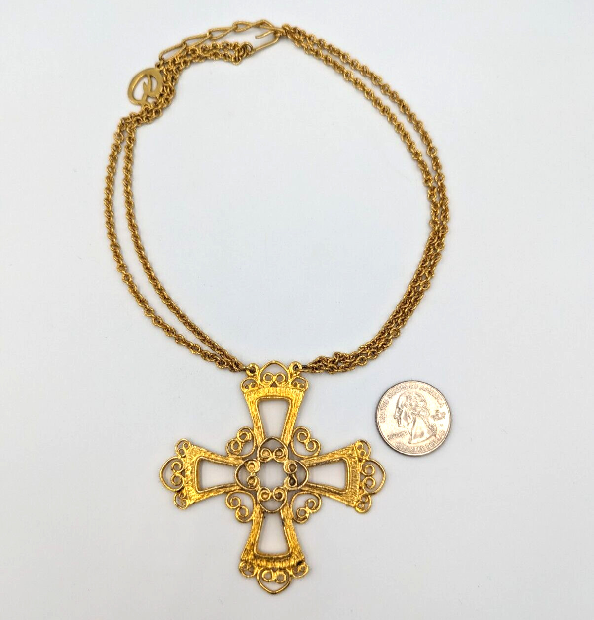 Vintage Statement Filigree Big Cross Necklace Gold Tone Hook Clasp 16″
