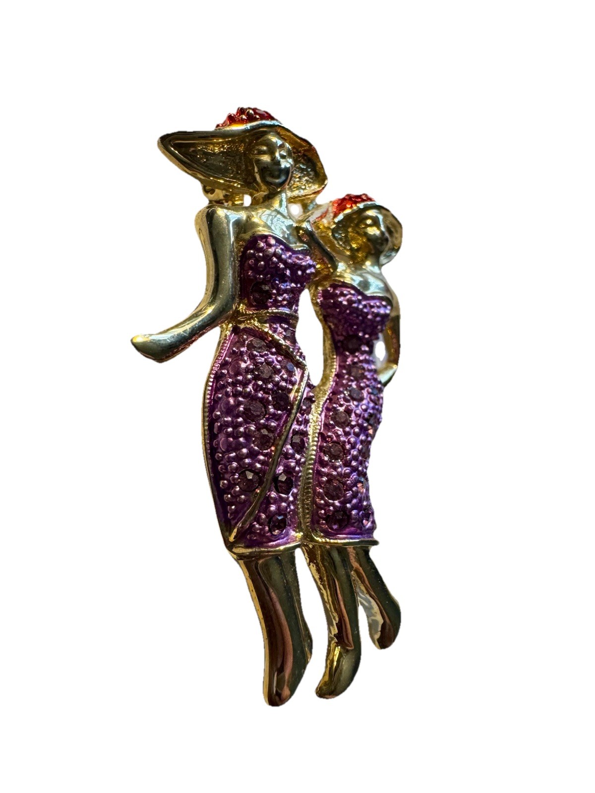 Vintage Gold Tone with Rhinestones Red Hat Ladies in Purple Pin, Unbranded
