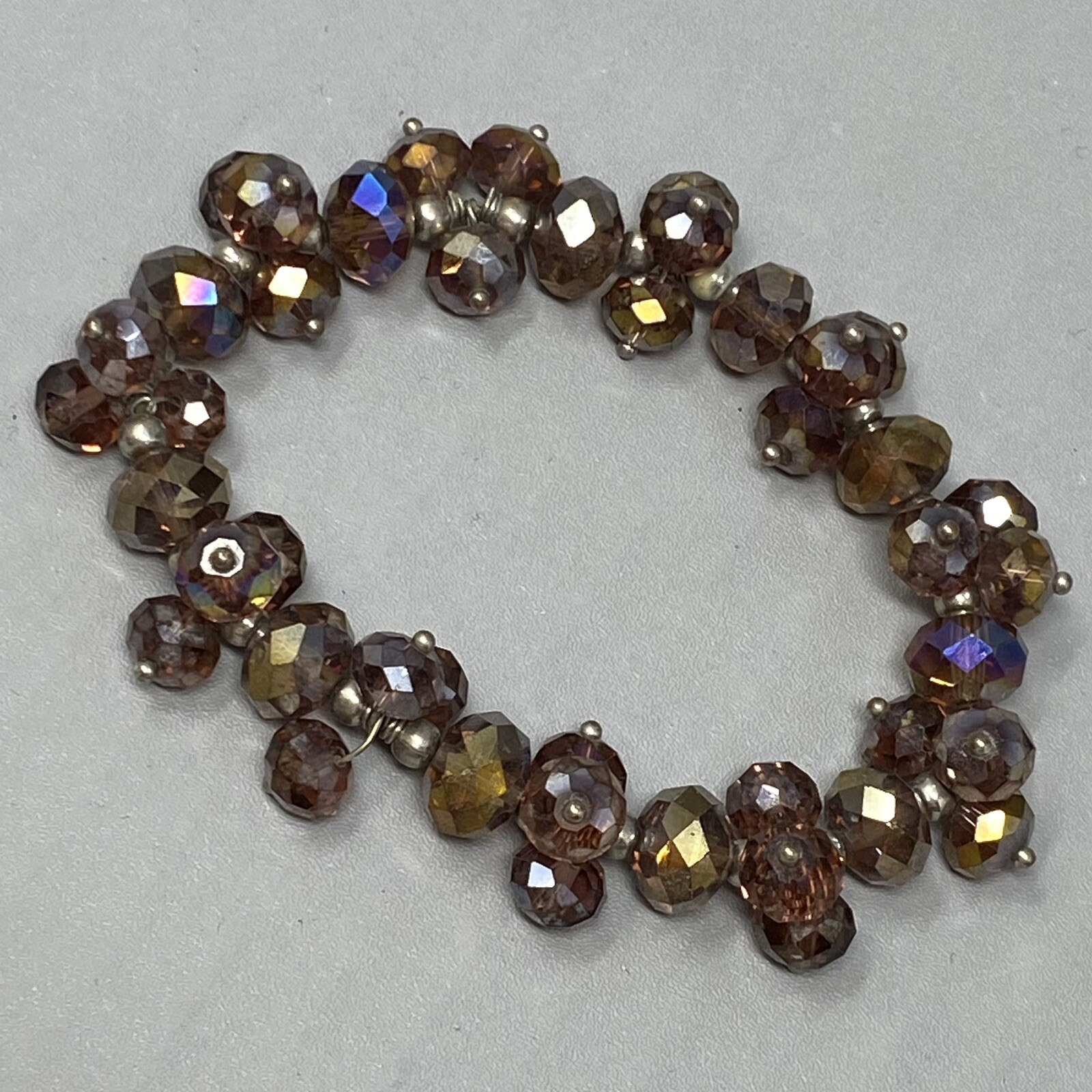 Stretch Bead Bracelet Purple Faceted Glass Cluster Fire Polished Iridescent 7.5″