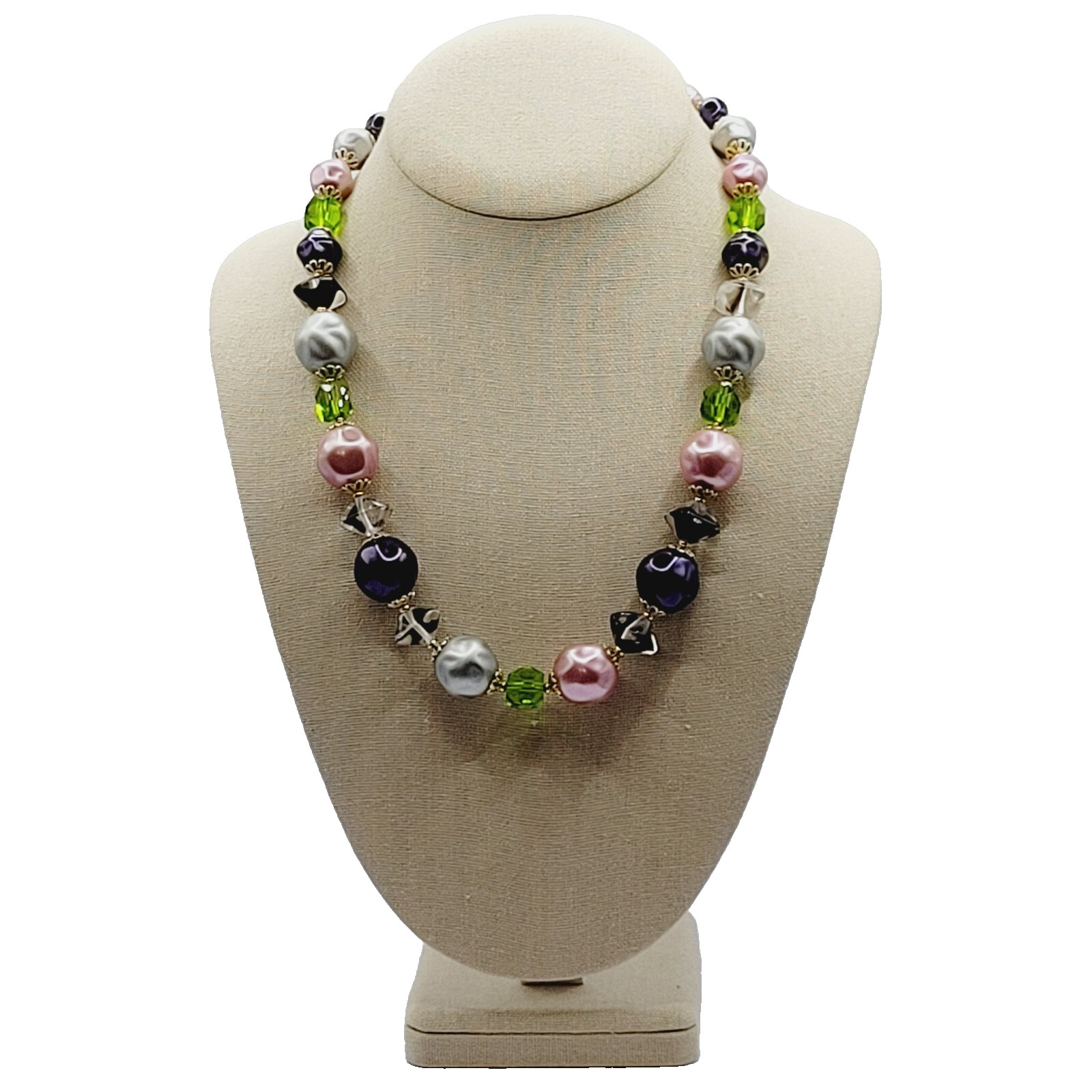 Colorful Glass & Faux Pearl Style Multi Color Shape Bead Vintage Necklace 21 In
