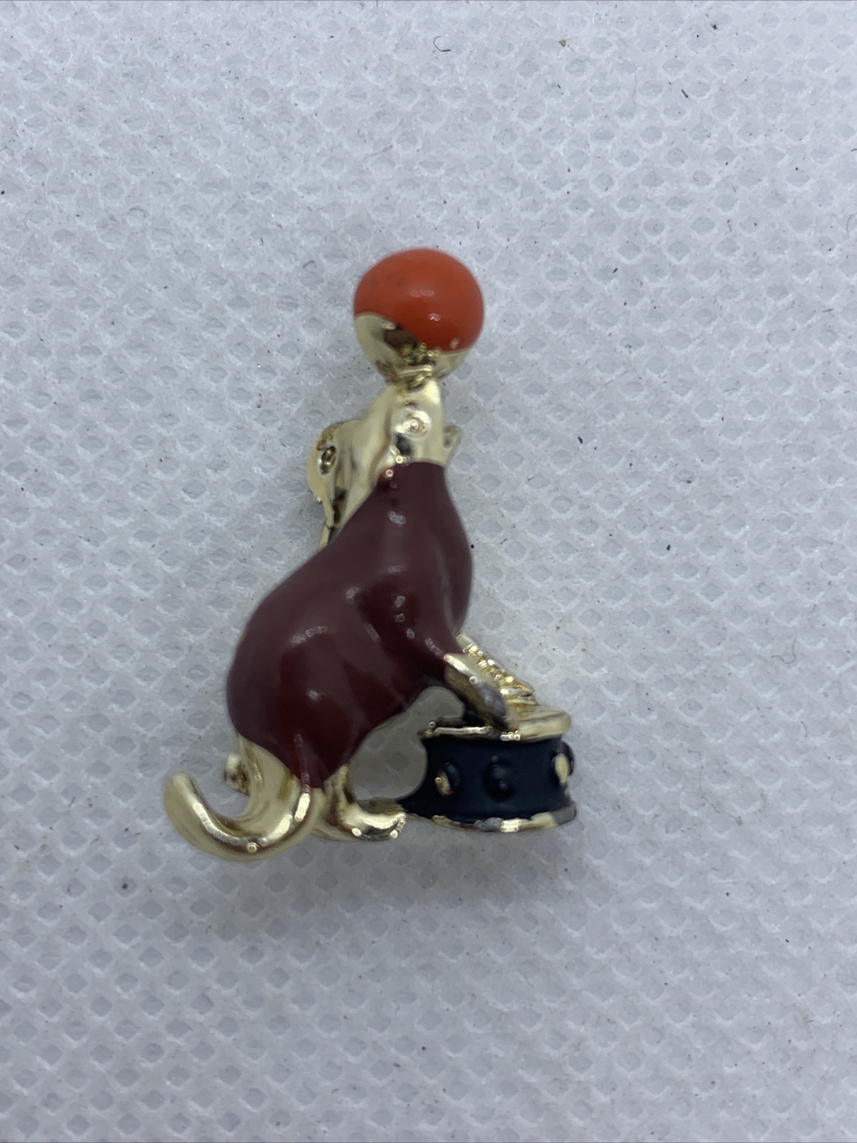 Vintage Mid Century Gold Tone Enamel Circus Seal with Ball Brooch Pin about 1″
