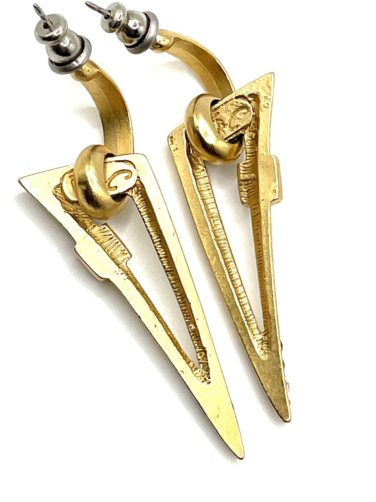 Vintage Jackie Collins Brushed Gold Rhinestone Geometric Drop Dangle Earrings 2”