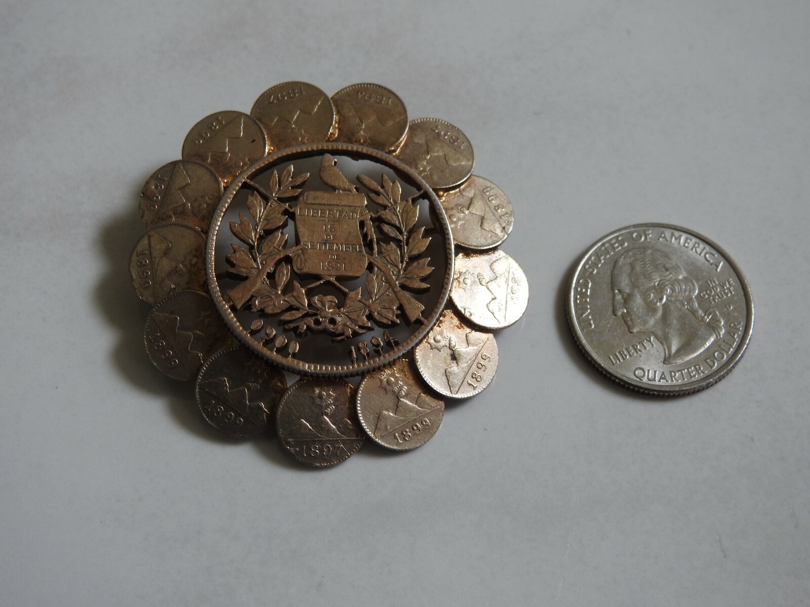 13 antique 1/4 REAL COINS & 1 PESO COIN PIN GUATEMALA silver brooch