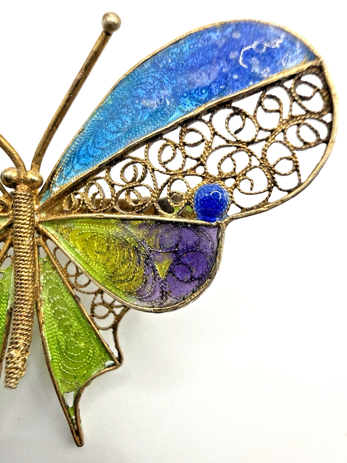 Antique 800 Silver Filigree Enamel Butterfly Brooch Blue Green Purple Pin